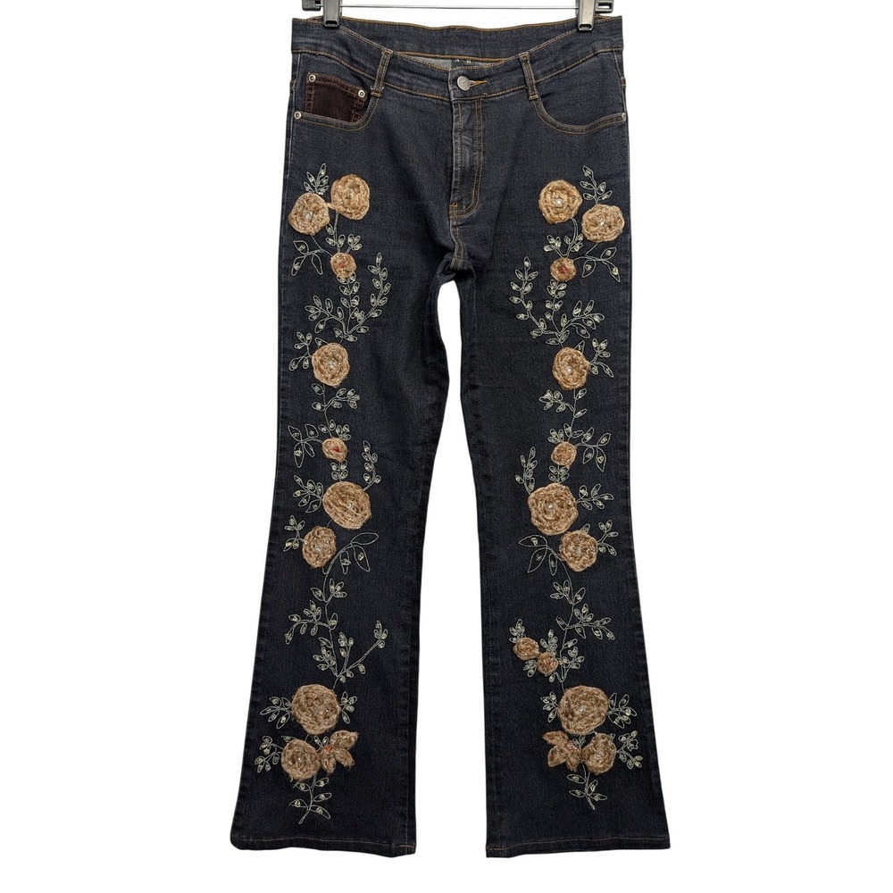 A.Z.I Jeans Flare Leg Women 31 Dark Wash Floral Embroidered Corduroy